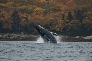 Fototapeta premium A majestic whale breaching the surface of the ocean