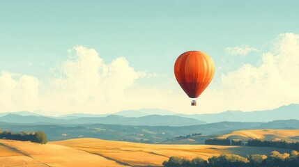 Naklejka premium Minimalist hot air balloon drifting over serene countryside, simple shapes, vibrant colors, peaceful ambiance, whimsical journey through nature