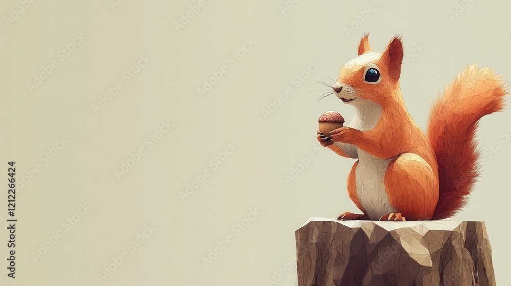 Poster minimalist squirrel with acorn, a low poly depiction of a squirrel perched on a tree stump, emphasiz