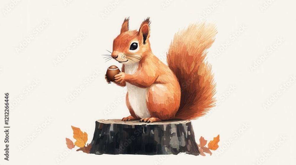 Poster minimalist squirrel on stump, simple yet charming depiction of a squirrel clutching an acorn atop a 