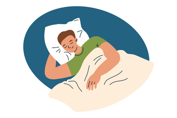 Vector illustration of man sleeping in bed, cartoon character lying under blanket on pillow. Flat scene for themes of sleep, relaxation, bedtime, rest, and healthy lifestyle, isolated colored clipart