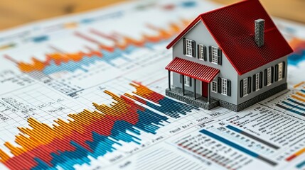 Falling interest rates represented by a house and a declining mortgage rate symbol, showcasing the effects of lower rates on housing affordability, with room for further financial analysis.