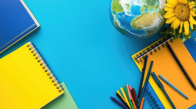 Back to School Concept. Earth Globe, Books, Notebooks, Colorful Stationery - Powered by Adobe