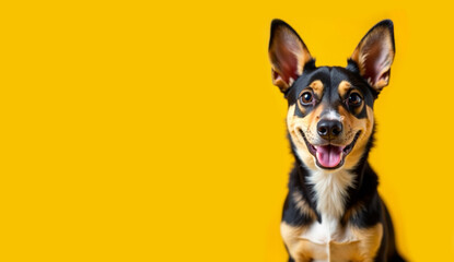 Highly detailed portrait of a cute smiling and happy little mongrel dog with big ears on a yellow background.  