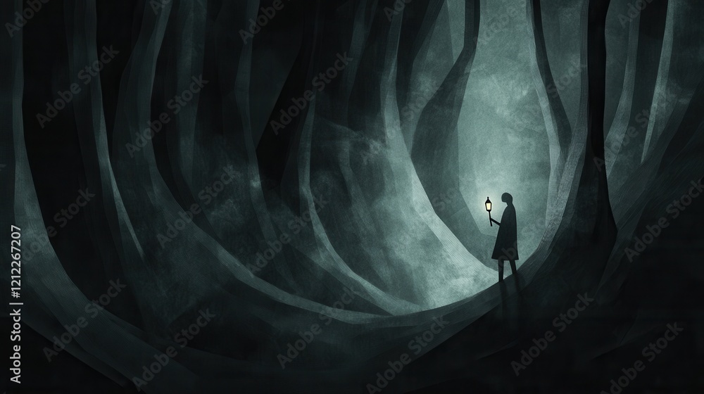 Poster person with lantern navigating a shadowy forest, low poly design capturing a sense of mystery and so