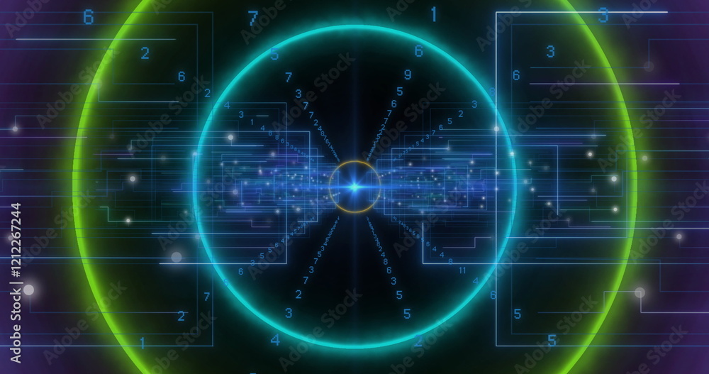 Poster image of data processing over neon circles moving