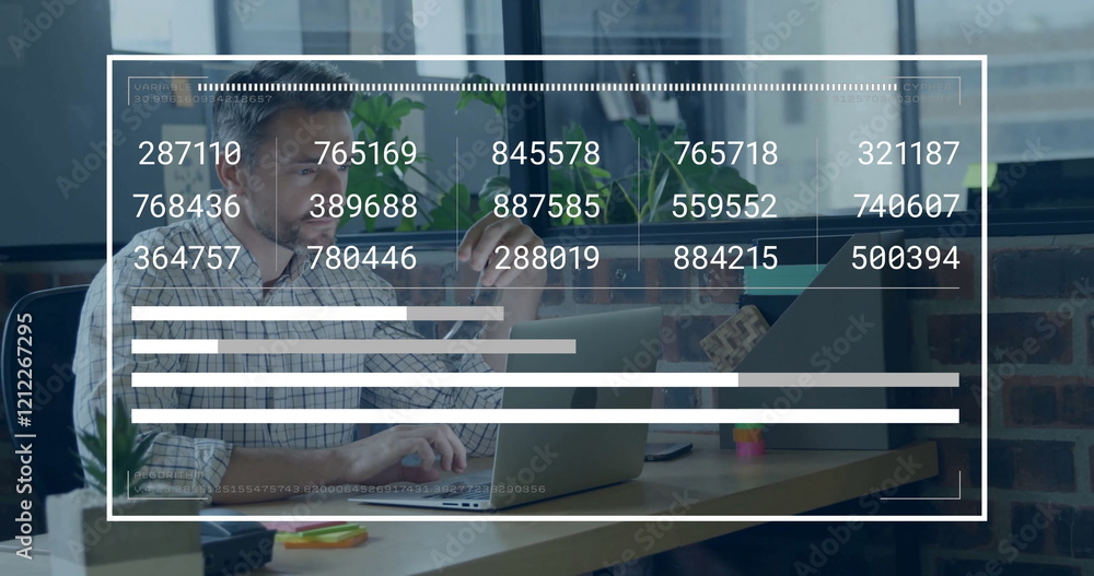 Poster image of data processing over caucasian businessman working in office