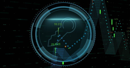 Image of key icon and data processing over black background