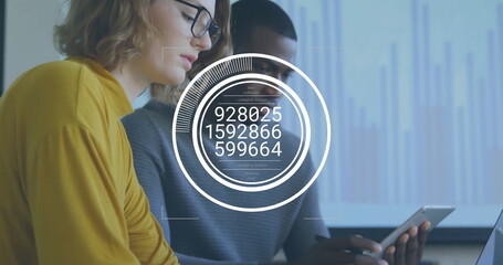 Image of data processing over diverse colleagues working in office