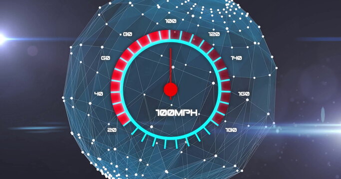 Image of internet speedometer and network of connections over globe - Powered by Adobe