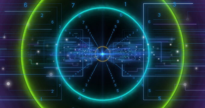 Image of data processing over neon circles moving