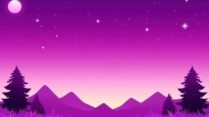 Obraz premium A serene landscape featuring silhouettes of pine trees against a vibrant purple sky dotted with stars and a moon.