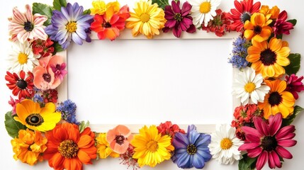 Fototapeta premium A stunning array of colorful flowers encircles a clear frame, ideal for displaying cherished photographs. Set in a bright, sunny location, the frame invites creativity and joy