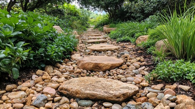 The serene Garden of Stones in Hong Kong, featuring intricately arranged rocks, lush greenery, and tranquil pathways blending nature and artistry in harmony.