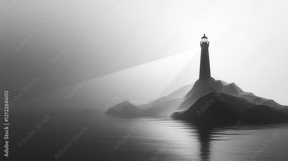 Poster lighthouse beam in fog, a minimalist low poly rendering highlighting the contrast of light and mist 