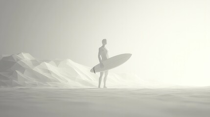 Obraz premium Minimalist Surfboard Pose, a sleek low poly design showcasing a person gripping a surfboard, emphasizing simplicity and style in motion.