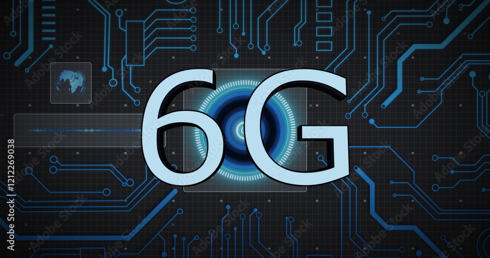 Poster image of 6g text, digital data processing over computer circuit board