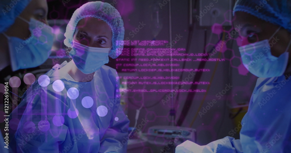 Poster image of data processing and dna strand over diverse surgeons in operating room