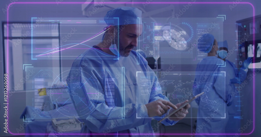 Poster image of data processing and world map over diverse surgeons wearing face masks and using tablet
