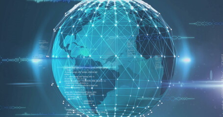 Image of data processing and globe with connections over blue background