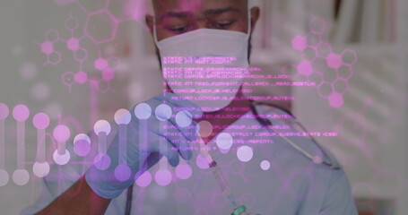 Image of data processing and dna strand over biracial male doctor holding vaccine