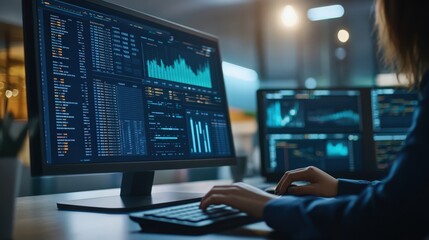 Person working at a desk with multiple computer monitors displaying charts and data
