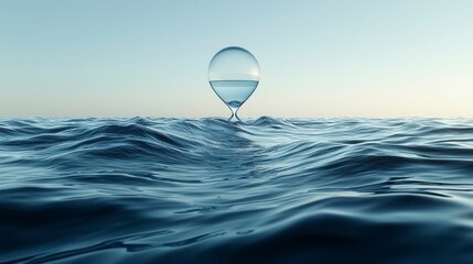 A dramatic hourglass illustration featuring clean ocean water in the upper section and polluted murky water in the lower, highlighting ecological challenges.