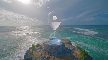 A conceptual hourglass with pure ocean water above and contaminated polluted water below, serving as a stark reminder of the importance of sustainability.