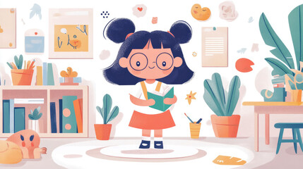 A Girl Reading in a Colorful Playroom: Illustration of a young girl with glasses holding a book, surrounded by vibrant plants, books, and artwork in her room.