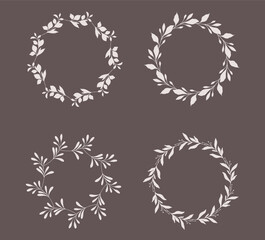 Floral Wreaths Set. Trendy floral frames with leaves and branches silhouette. Hand drawn silhouettes of branches. Botanical Line Art. Hand drawn graphics. Elegant wedding invitations, save the date