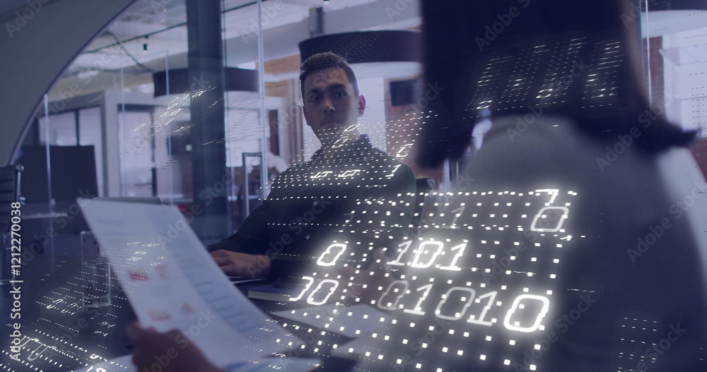 Poster image of binary coding over diverse business people working together in office