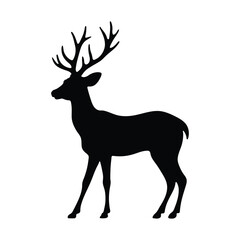Standing Deer Silhouette with Antlers - Simple Black and White Vector Illustration