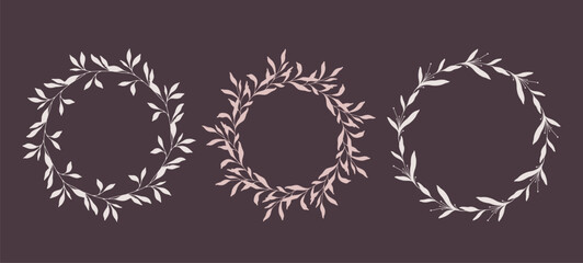 Floral Wreaths Set. Trendy floral frames with leaves and branches silhouette. Hand drawn silhouettes of branches. Botanical Line Art. Hand drawn graphics. Elegant wedding invitations, save the date