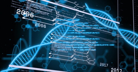Image of digital data processing over dna strands on black background