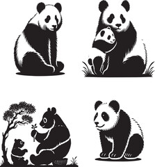 panda, silhouette of panda, set of panda silhouette