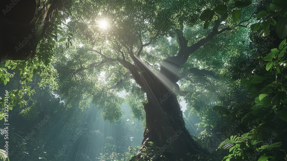 Poster sunlight filtering through a lush forest canopy illuminating the ancient tree