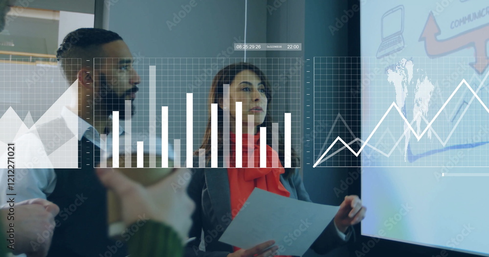 Poster image of data processing and diagrams over diverse colleagues talking in office