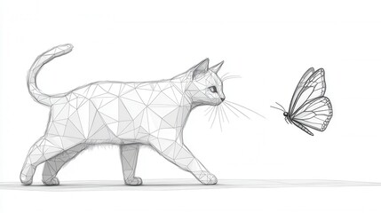 Obraz premium Cat Pursuing Butterfly in Minimalist Line Art, Simple elegance, playful interaction, low poly design, harmonious composition, whimsical charm