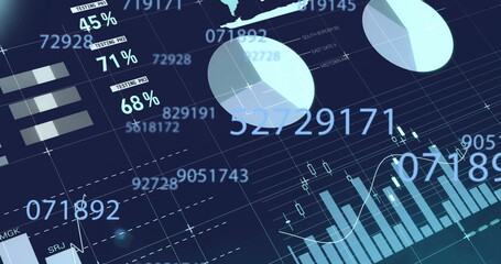 Image of statistics and data processing on black background