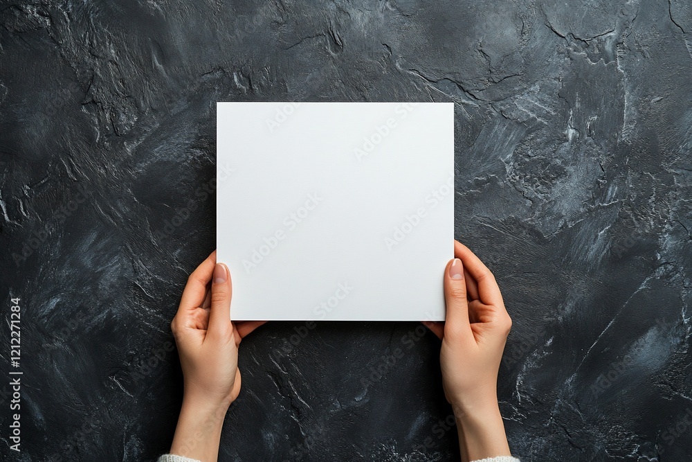 Aufkleber two hands holding a blank white square card on a dark textured surface.