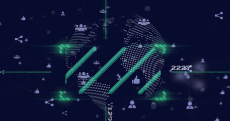 Image of scanner, data processing and people icons over globe and networks