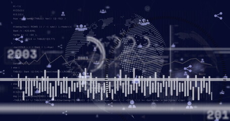Image of scanner, data processing and people icons over globe and networks