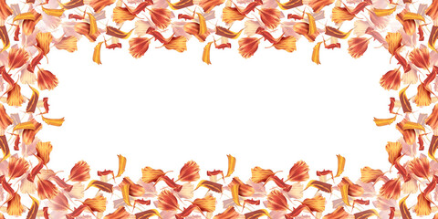 Marigold petals red and orange watercolor illustration. Bright horizontal frame of marigold petals. Ornament of cempasuchil for day of the dead. Halloween background, banner, invitation and card