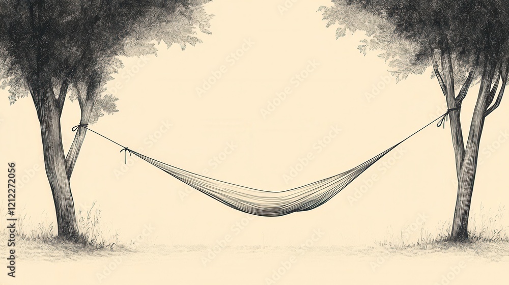 Poster hammock serenity, a minimalist line art depiction of a hammock suspended between two trees, evoking 