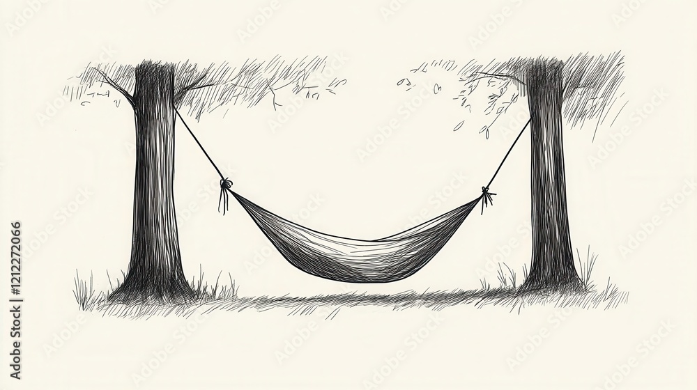 Poster hammock serenity, a minimalist line drawing depicting a hammock suspended between two trees, evoking