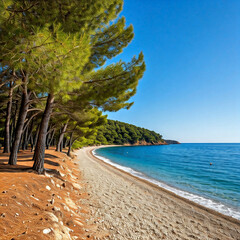 Stunning view of a Mediterranean beach with clear water and a Forrest along the shore. 