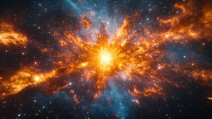 Fototapeta premium Spectacular supernova explosion illuminates deep space with blue and orange nebula colors, showcasing stellar collision amid star clusters and interstellar dust in cosmic energy burst.