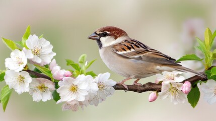 Fototapeta premium A sparrow with a brown body and grey head sits quietly on a branch, eyeing something intriguing among blooming flowers