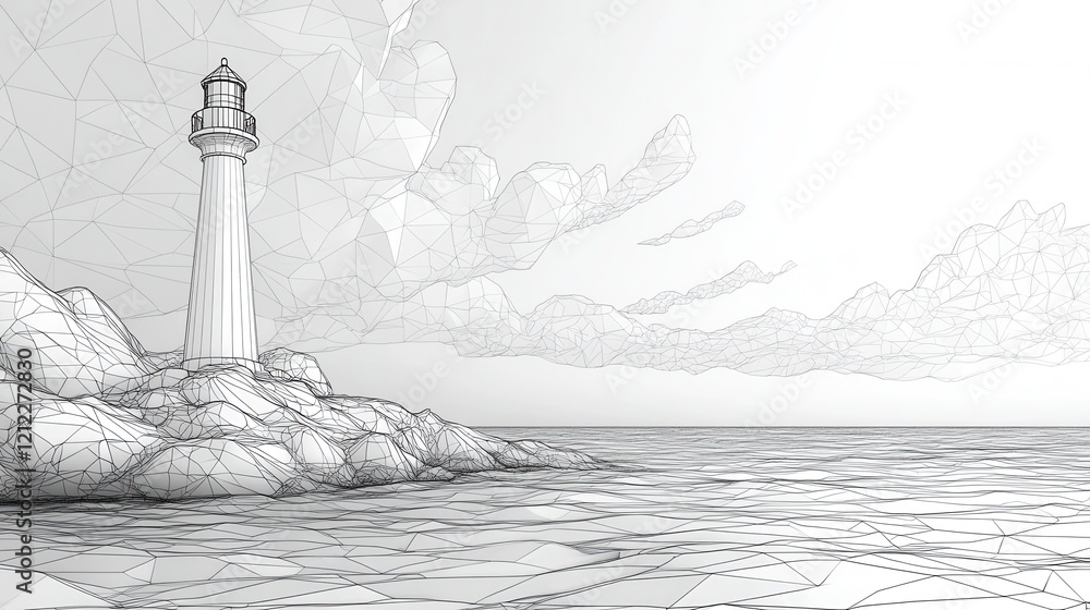 Poster minimalist lighthouse serenity, a simplistic line art design of a lighthouse by a tranquil sea, embr