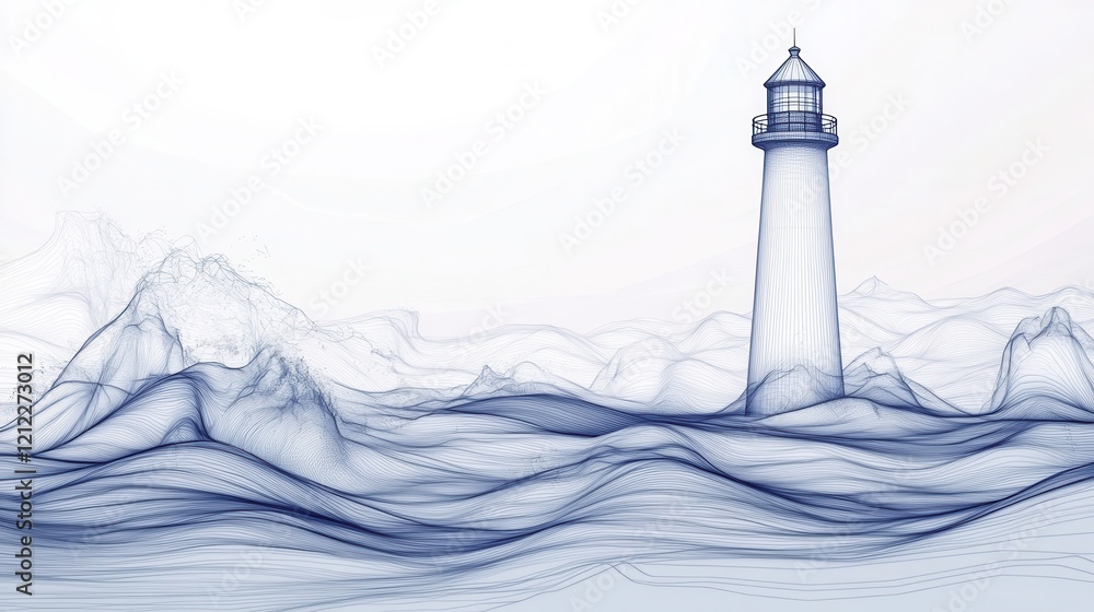 Poster minimalist lighthouse waves, a sleek line art design capturing a lighthouse amidst dynamic waves, em